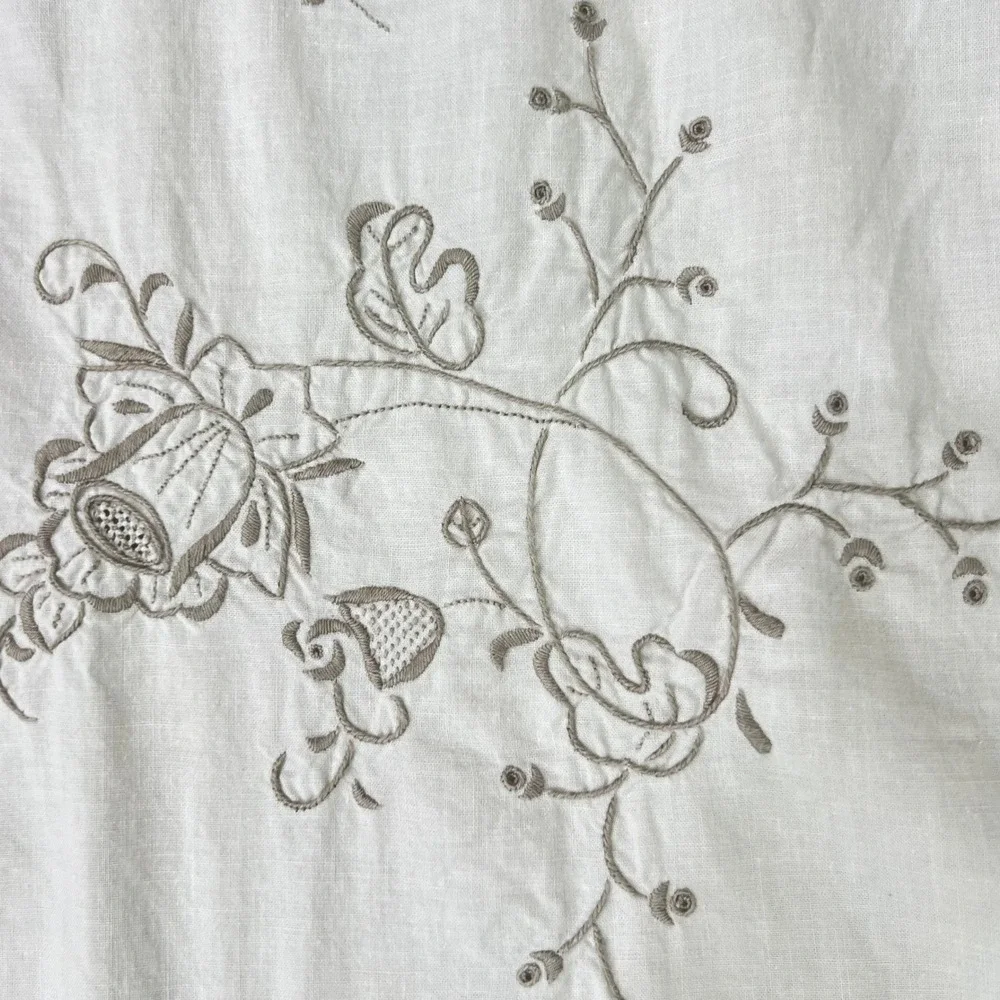 Vintage Antique Hand Embroidered White Linen Tablecloth Scalloped Cutwork Floral